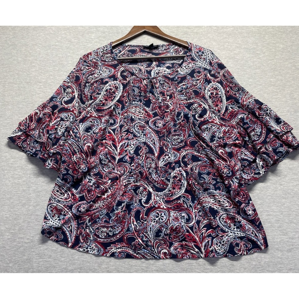 Roz & Ali Blouse Top Womens 2X Multicolor Paisley Round Neck Layered Bell Sleeve